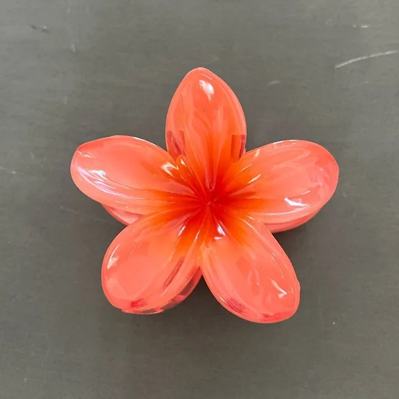 Plumeria Bright Orange Mango Center Floral Flower Glossy 3" Hawaiian Hair Clip - Picture 1 of 5